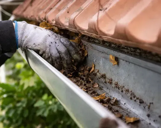 Gloved hand cleaning debris from a roof gutter beside brown shingles