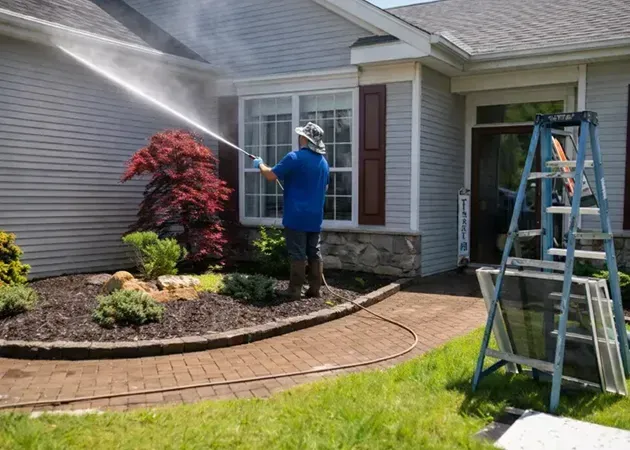 Person pressure-washing a house exterior beside a ladder and landscaped yard