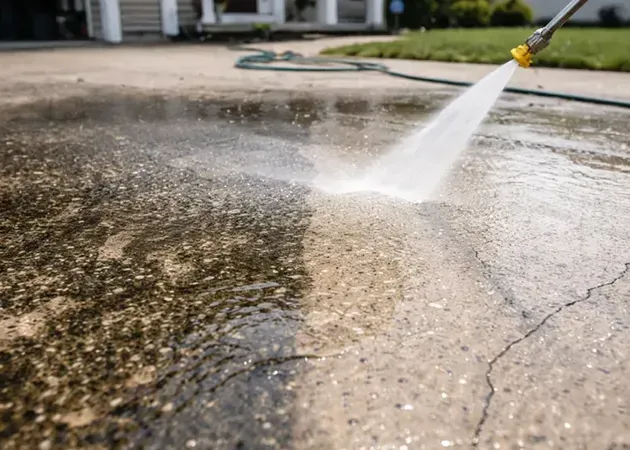 Pressure washing a wet concrete driveway with a hose spray