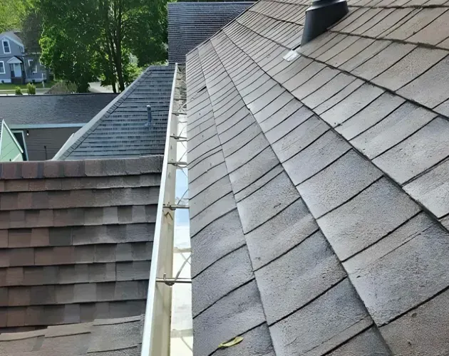 Steep shingled roof with gutters beside a neighboring roof on a residential street