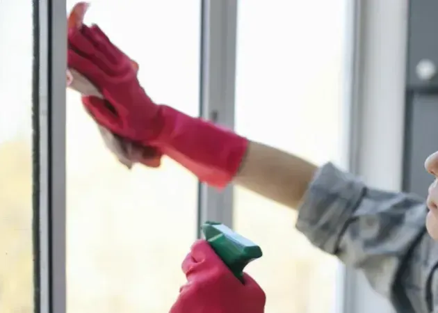 Person in red gloves spraying cleaner on a window with a green spray bottle
