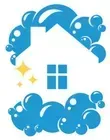 Blue house icon with sparkling stars and cloud-like swirls around it