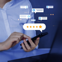 Person using a smartphone with floating chat bubbles and star ratings on a blue background