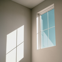 Sunlit empty room corner with gray walls and a blue-tinted window shadow on the wall