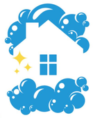 Blue house icon with sparkling stars and cloud-like swirls around it