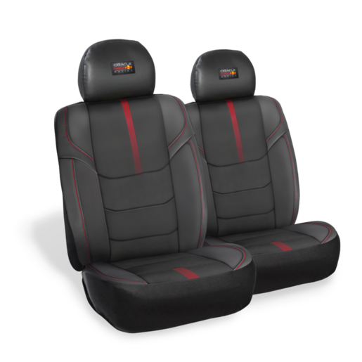 Black Car Seat Covers With Red Accents and Headrests — Autopro Taree in Taree, NSW
