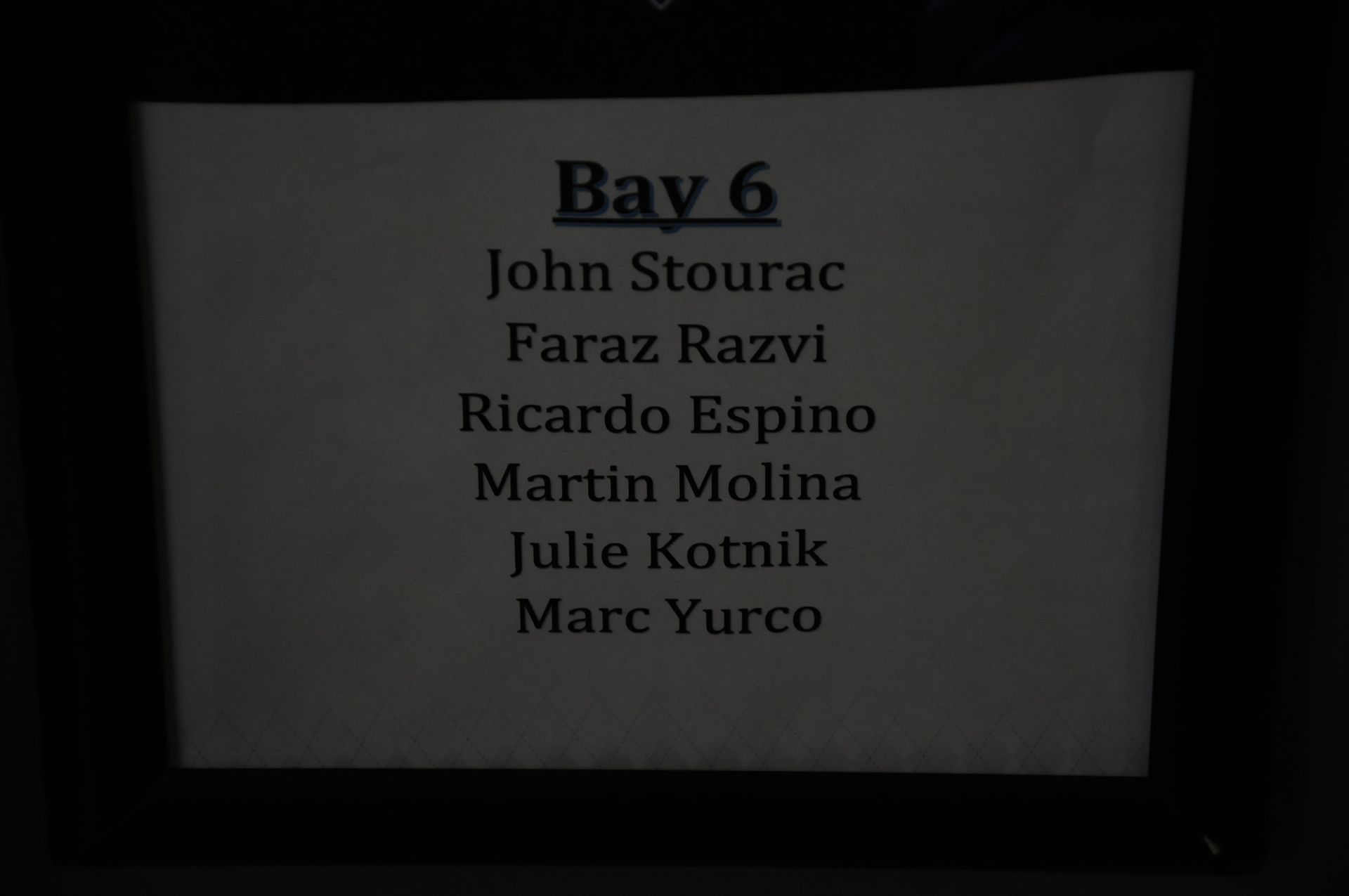 A list of names including john stourac faraz razvi ricardo espino martin molina julie kotnik marc yurto