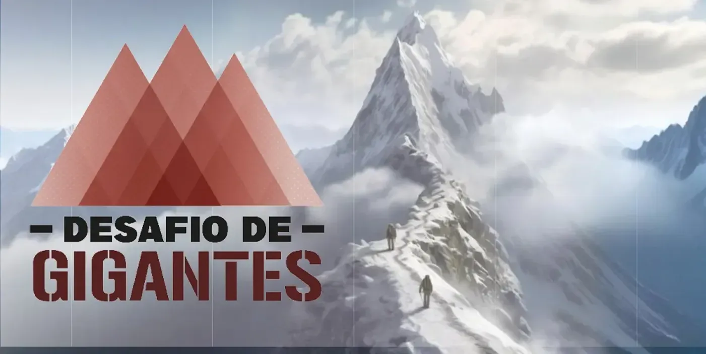 Um pôster para o desafio de gigantes com uma montanha ao fundo