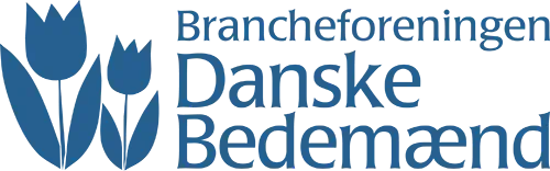 Logo for Brancheforeningen Danske Bedemænd with blue tulip icon and text on white background