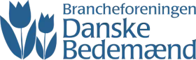 Logo for Brancheforeningen Danske Bedemænd with blue tulip icon and text on white background