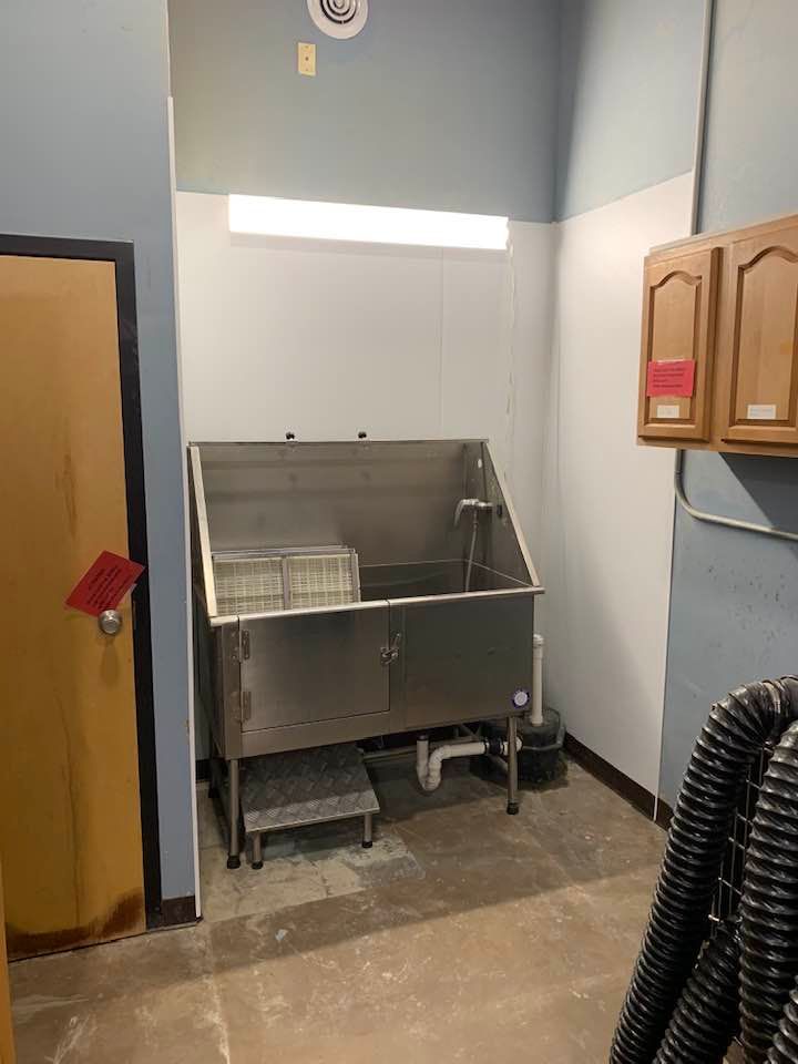 Dog grooming station with stainless steel tub, step, and cabinets; a doorway and vent are visible.