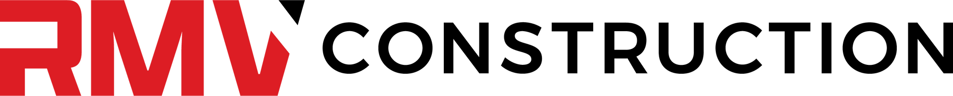 RMV Construction logo with red and black text and a roofline graphic