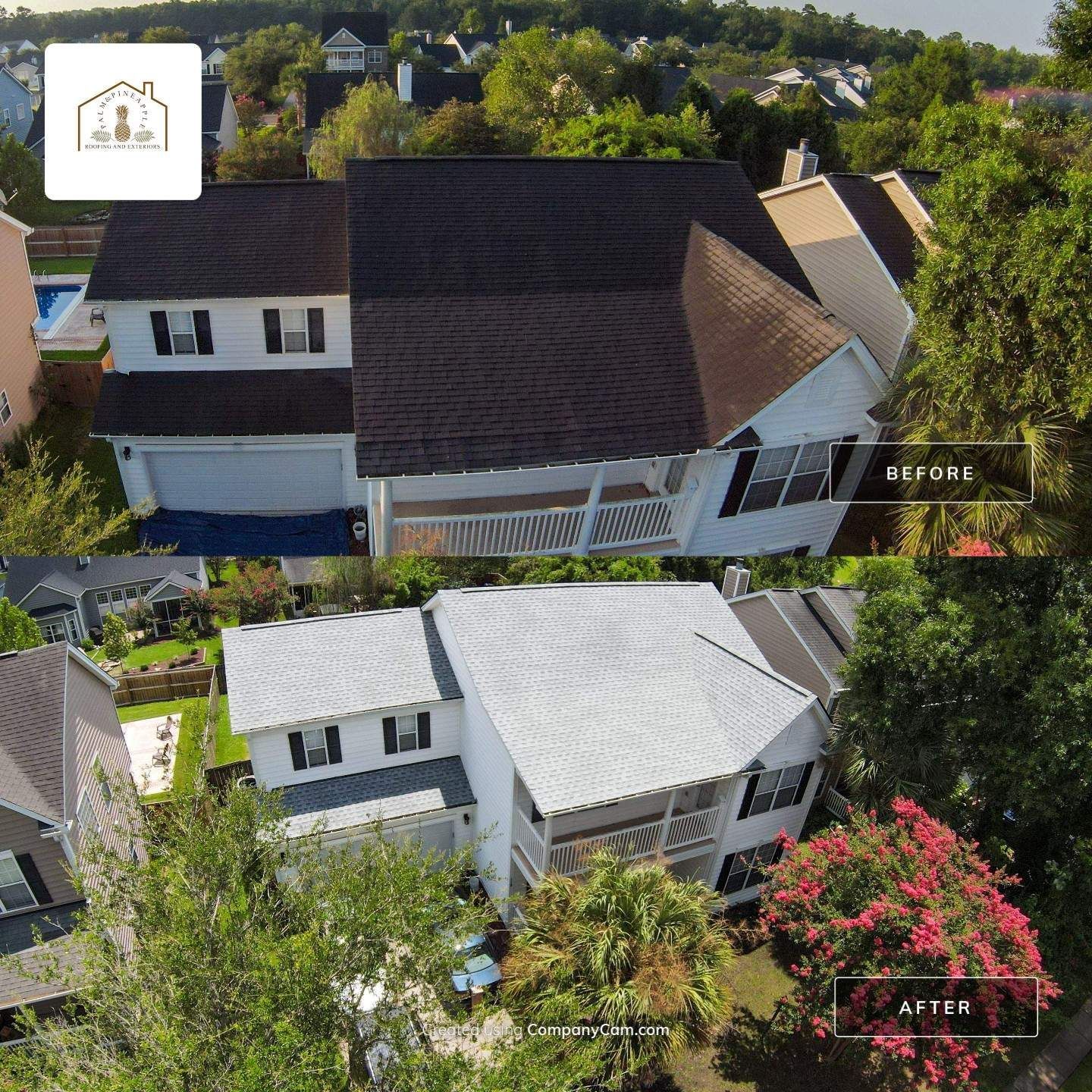 Before and after aerial view of a house. The roof is brown (before) and white (after), with white siding.