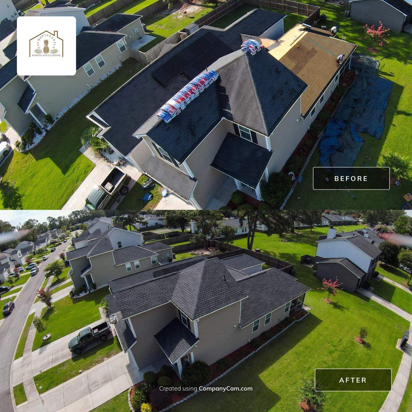 Before and after aerial view of a house; old roof being replaced with new, dark-colored shingles.