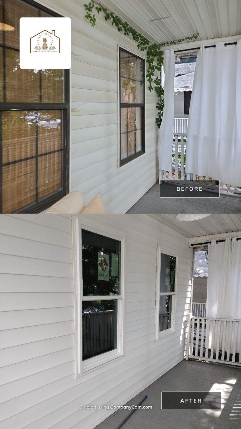 A before and after photo of a porch with black windows and white curtains.