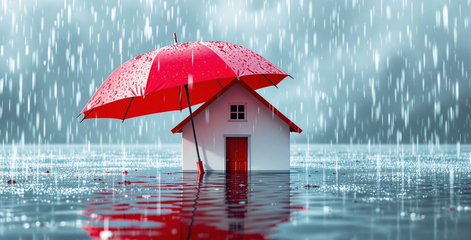 Small white house submerged in floodwater, red umbrella sheltering it from heavy rain.