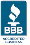 BBB Accredited Business logo. Blue square with a white flame and