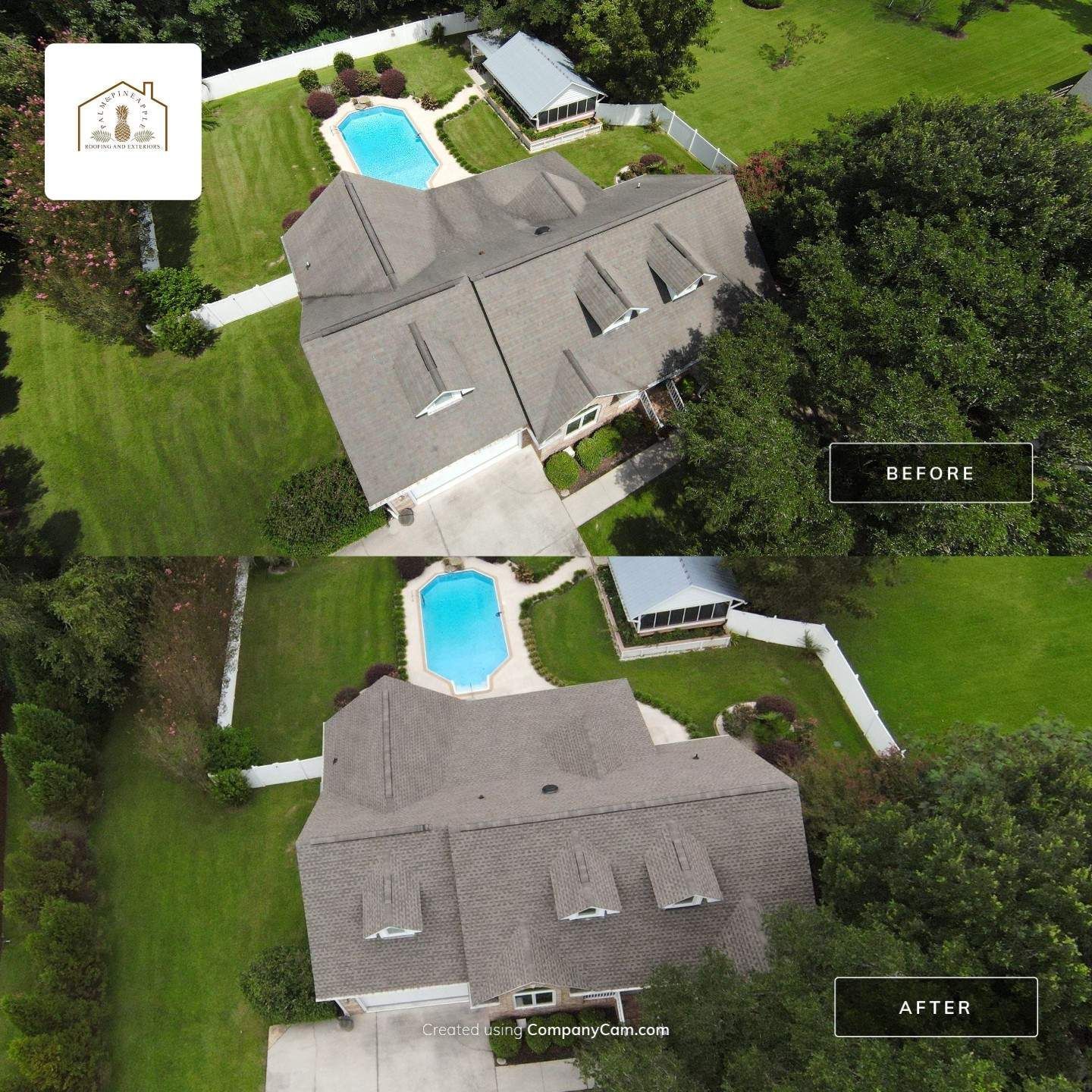 Side-by-side view of a house roof before and after cleaning, showing a brighter, cleaner surface.