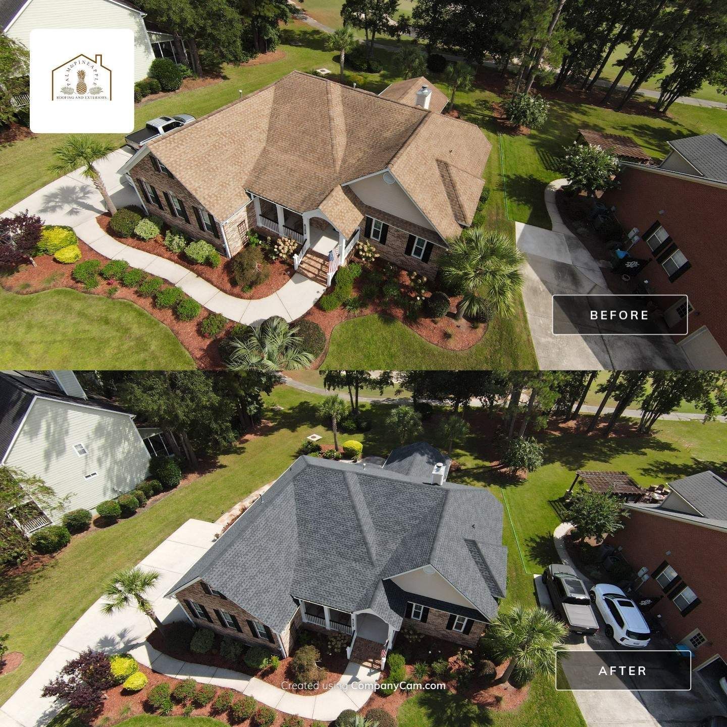 Side-by-side comparison of a house with a brown roof (before) and a grey roof (after) in a well-landscaped yard.