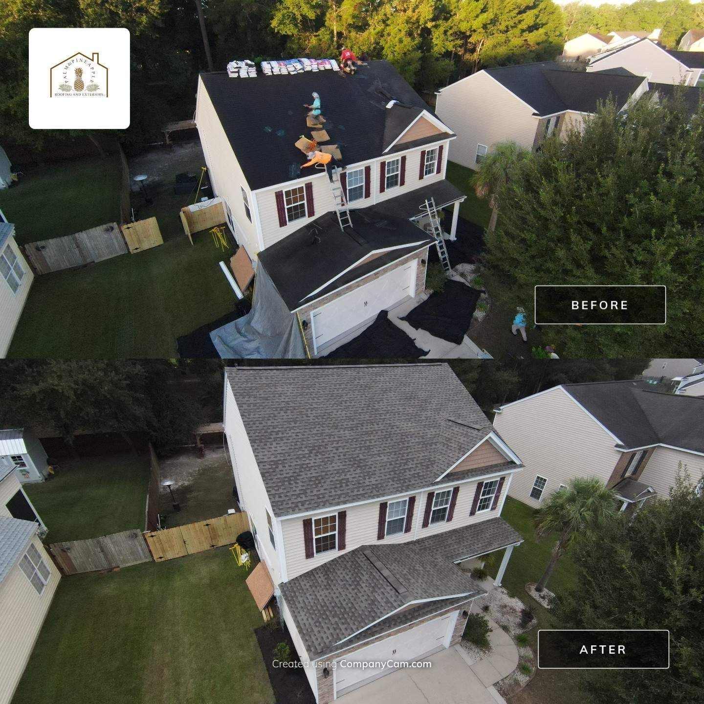 Before and after comparison of a house roof replacement.