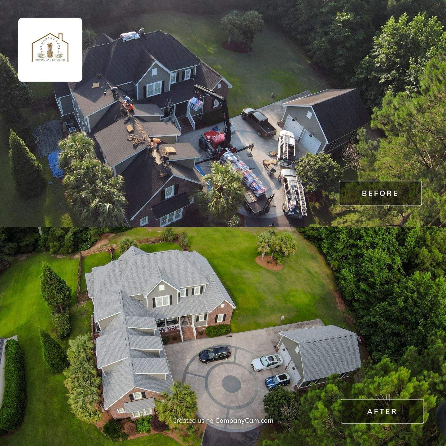 Before/after aerial view of a house undergoing roof replacement. Gray roof, construction equipment. New light gray roof after replacement.
