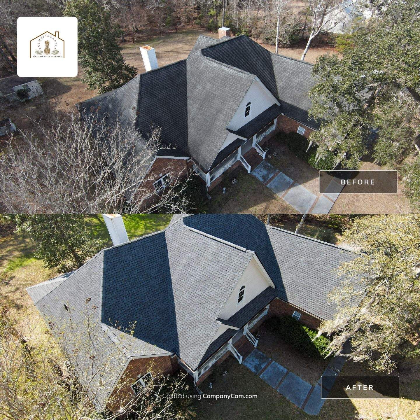 Before and after comparison of a house roof, showing a new gray roof compared to an older, darker gray roof.