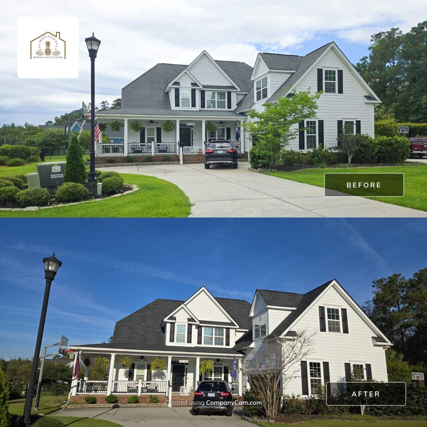 Two-part image of a white house with black shutters, showing a before-and-after view.