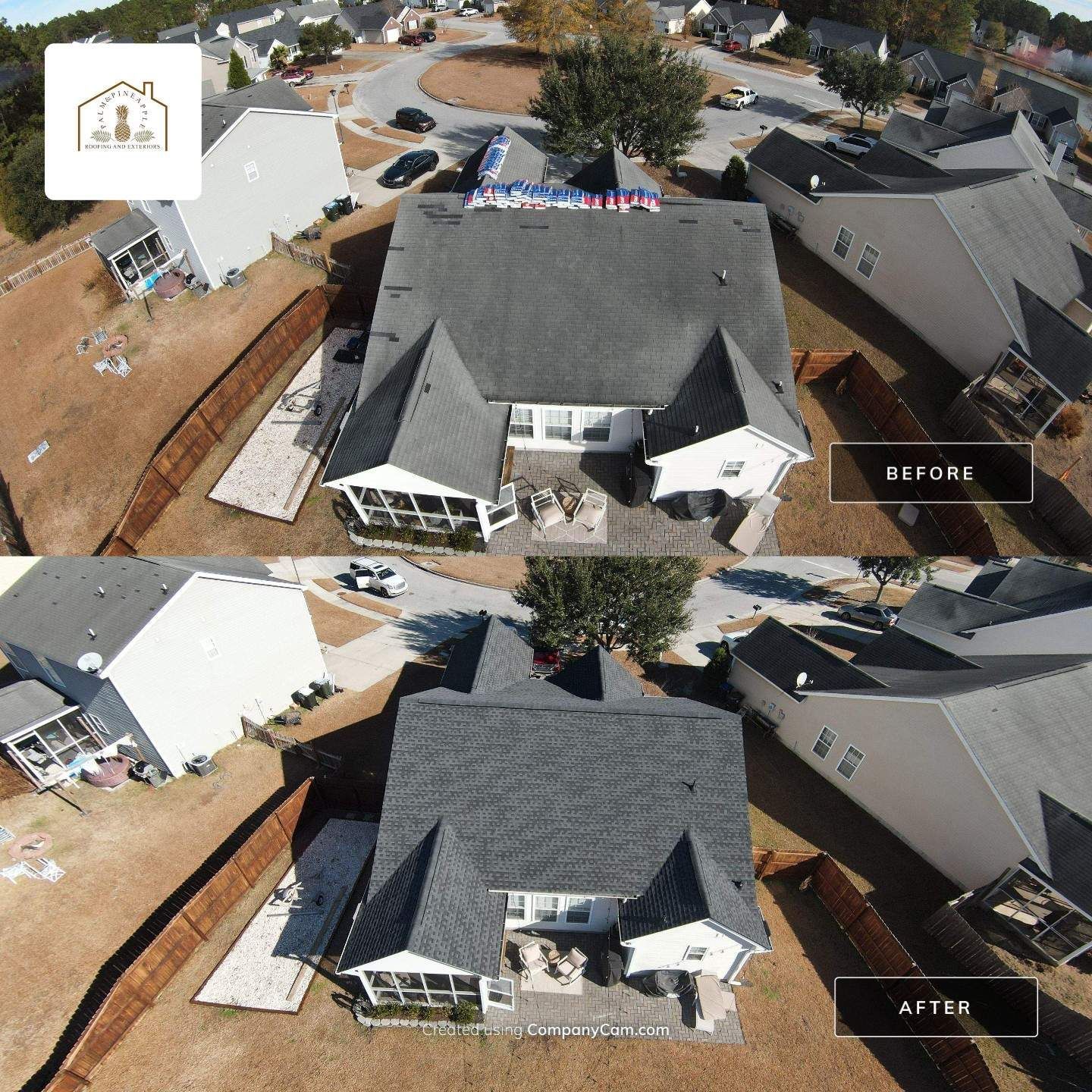 Side-by-side comparison of a house's roof. Top: 