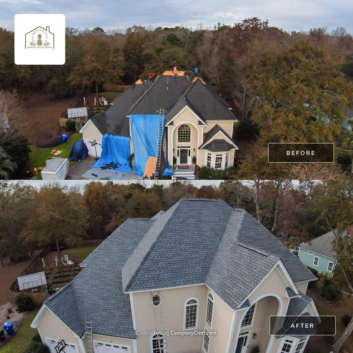 Before/after view of a house roof replacement; the new roof is dark grey.