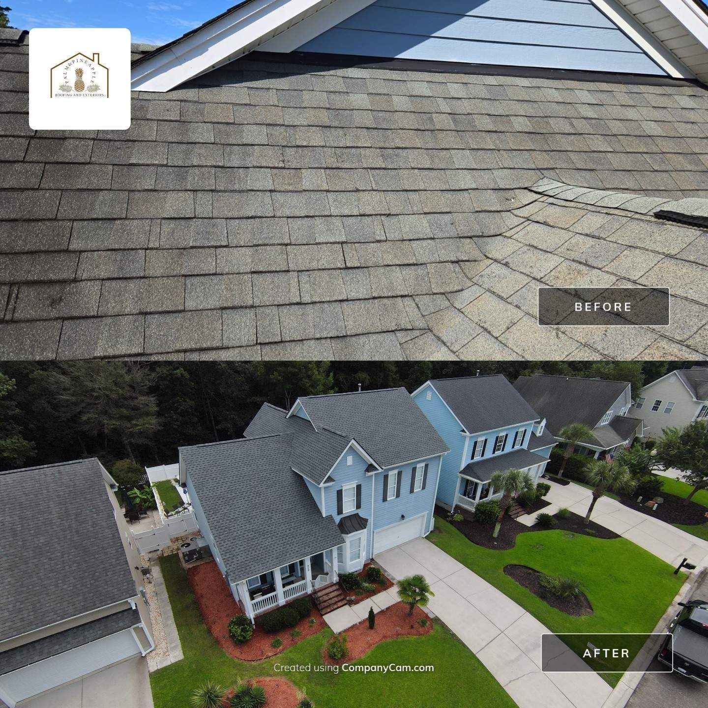 Before-and-after of a roof replacement. Old, worn roof compared to a new, dark gray one on a light blue house.