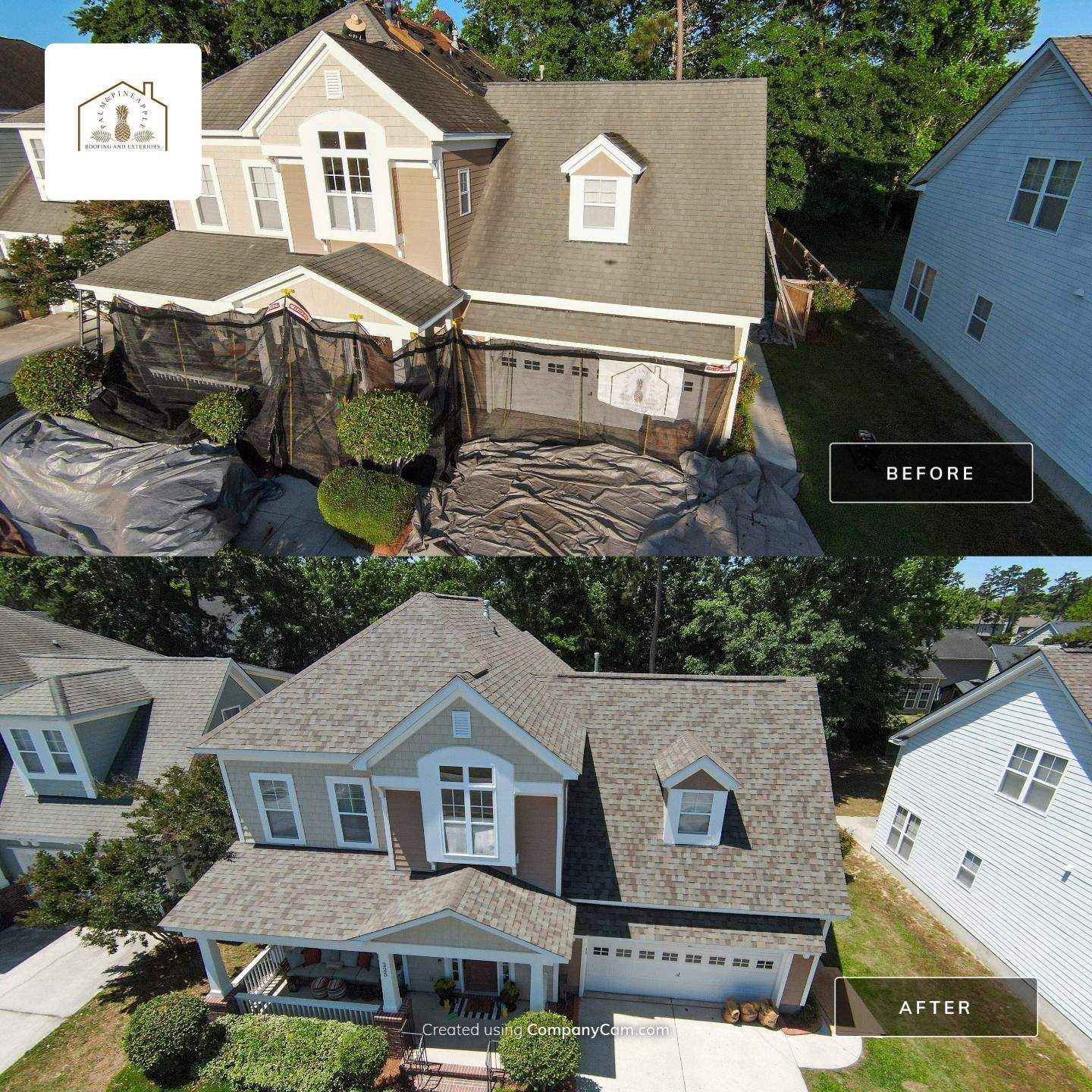 Before and after aerial view of a house. The top shows the house under construction, the bottom shows the completed project.