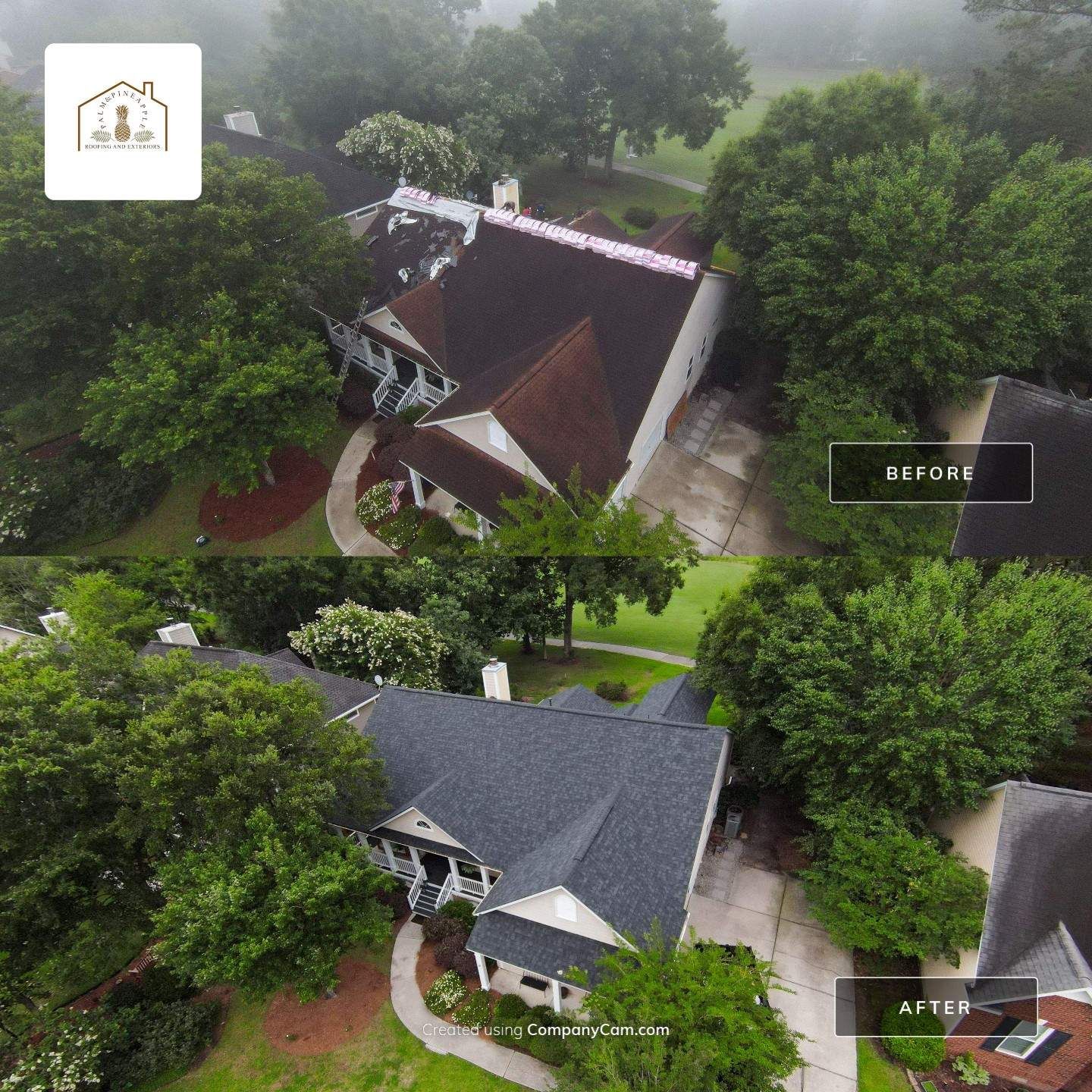 Before and after aerial view of a house with a new dark gray roof. Trees surround the home.