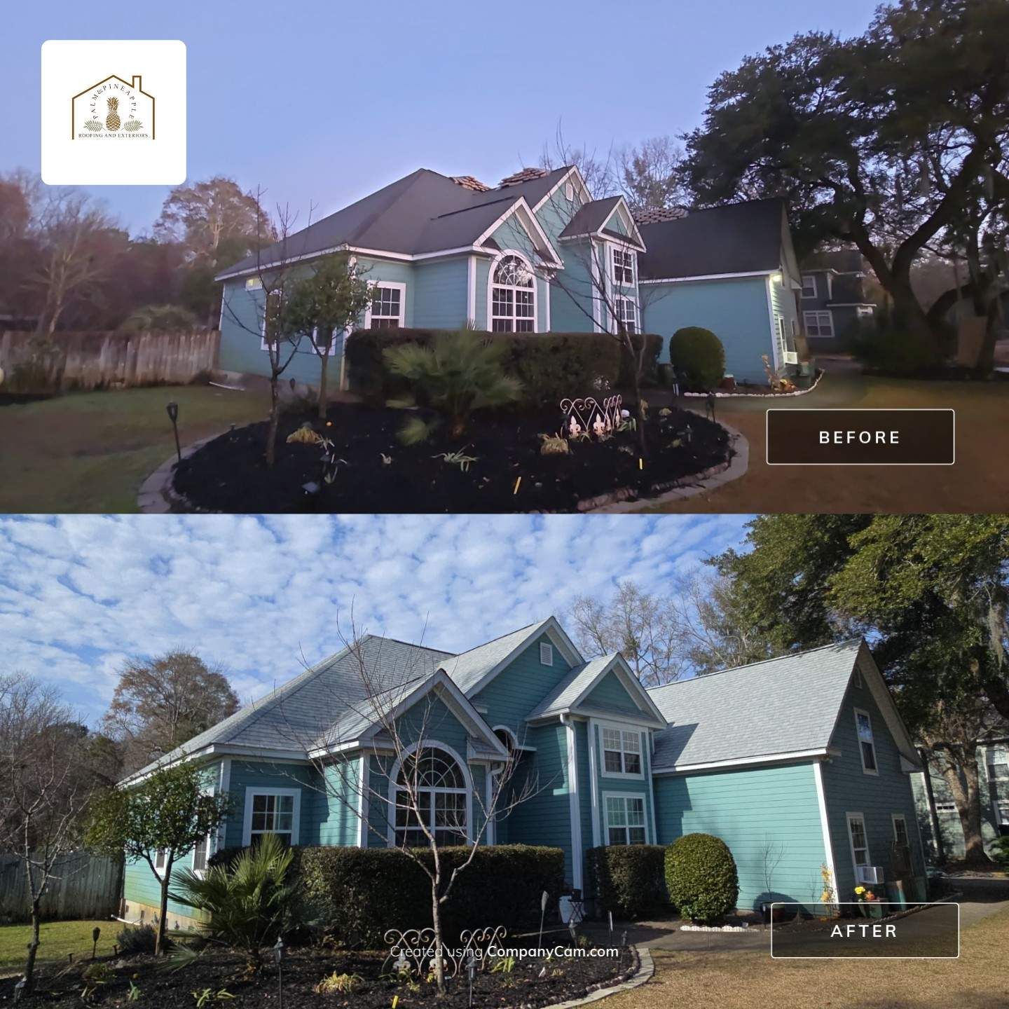 Comparison of a teal house before and after a roof replacement with a grey roof.