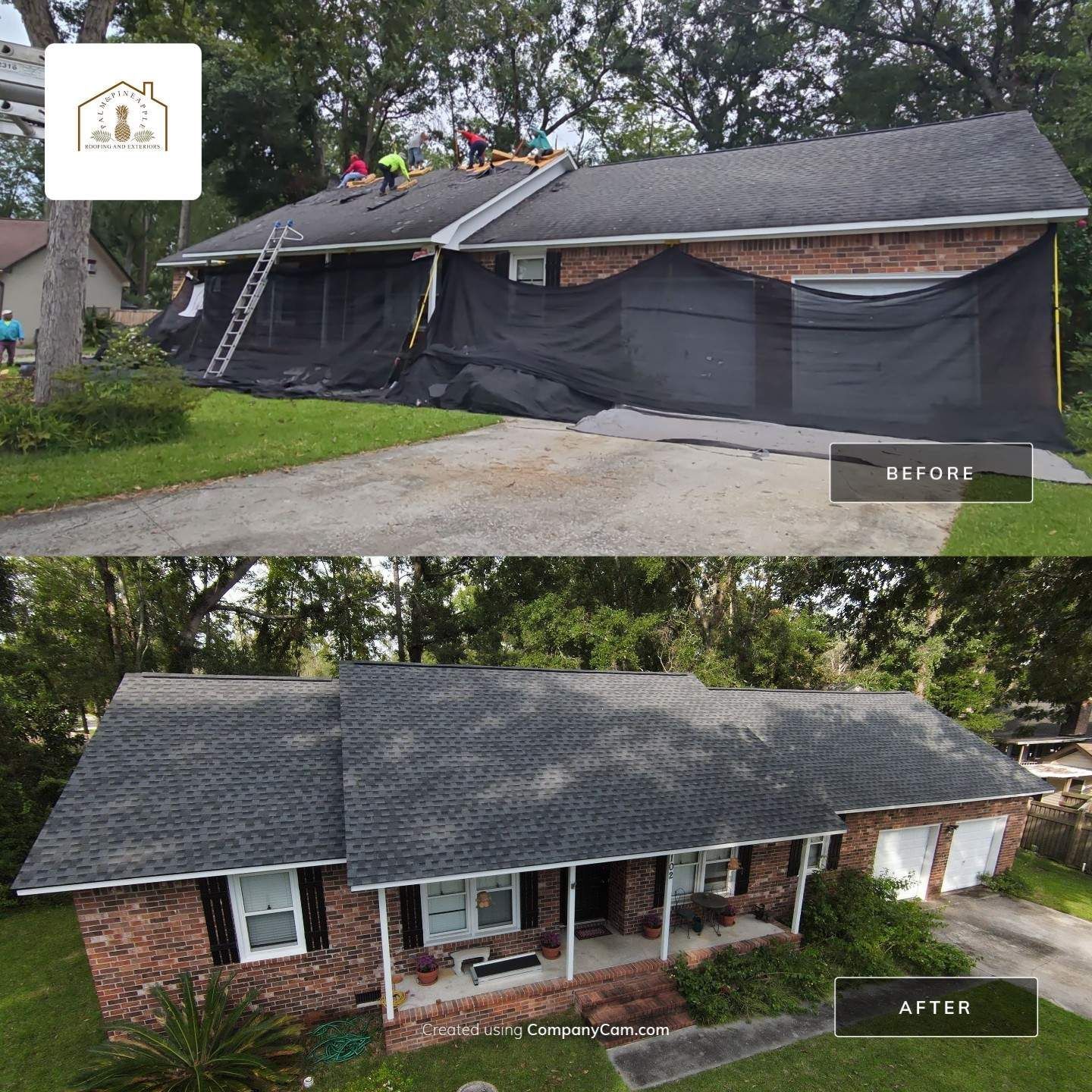 Before & after of a brick house with new roof. Workers on roof in the “before” shot, completed in the “after” shot.