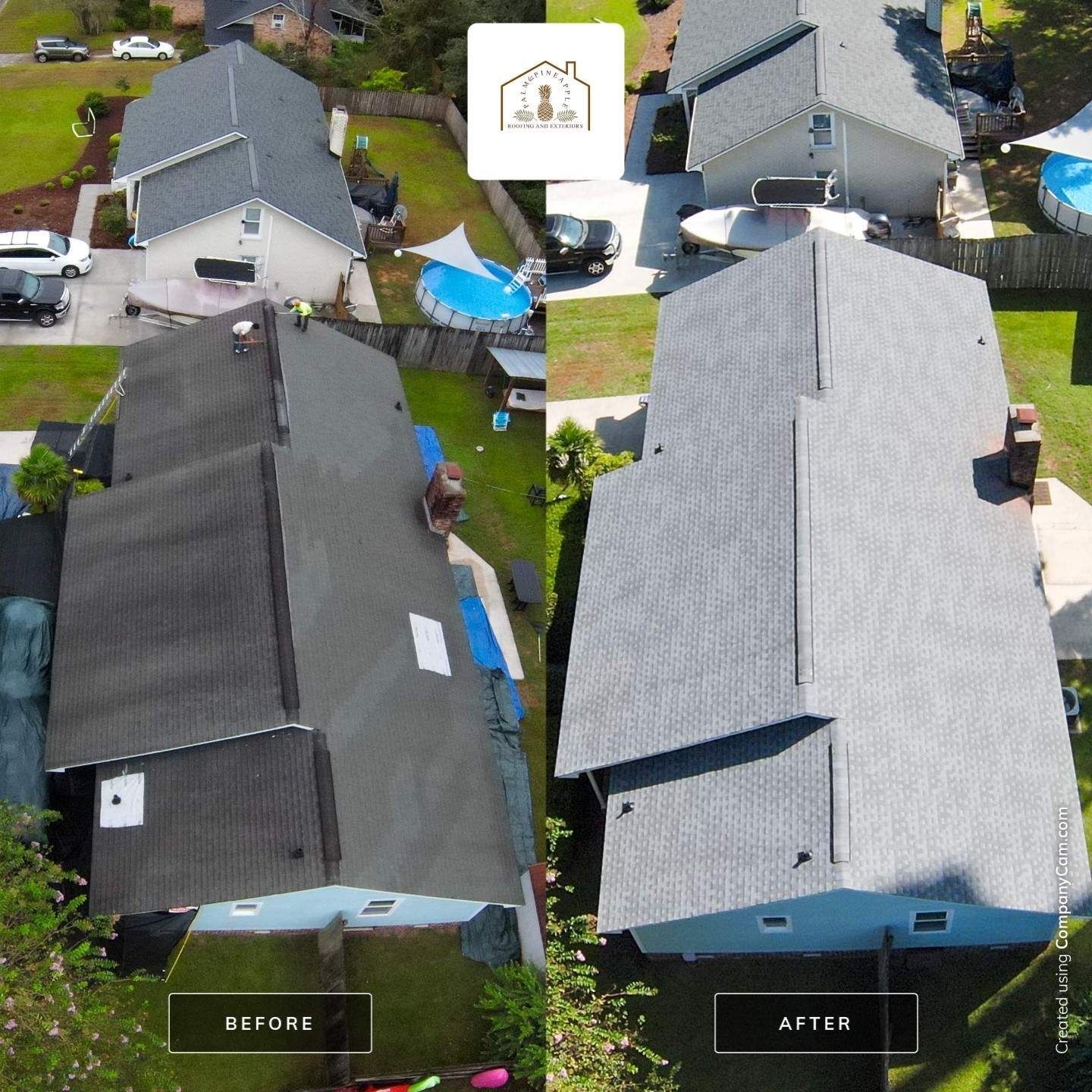 Comparison: before and after roof replacement.  Dark, worn roof changed to clean, gray shingles. Home exterior in setting.