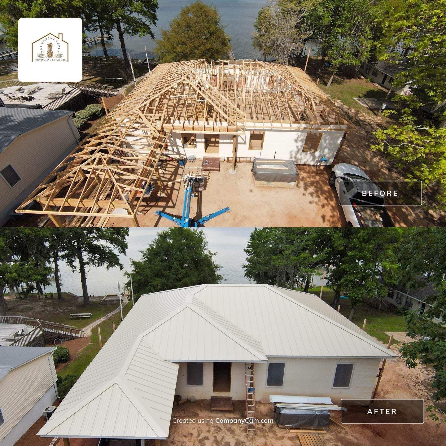 Top: House roof in progress. Bottom: Completed house with a white metal roof.