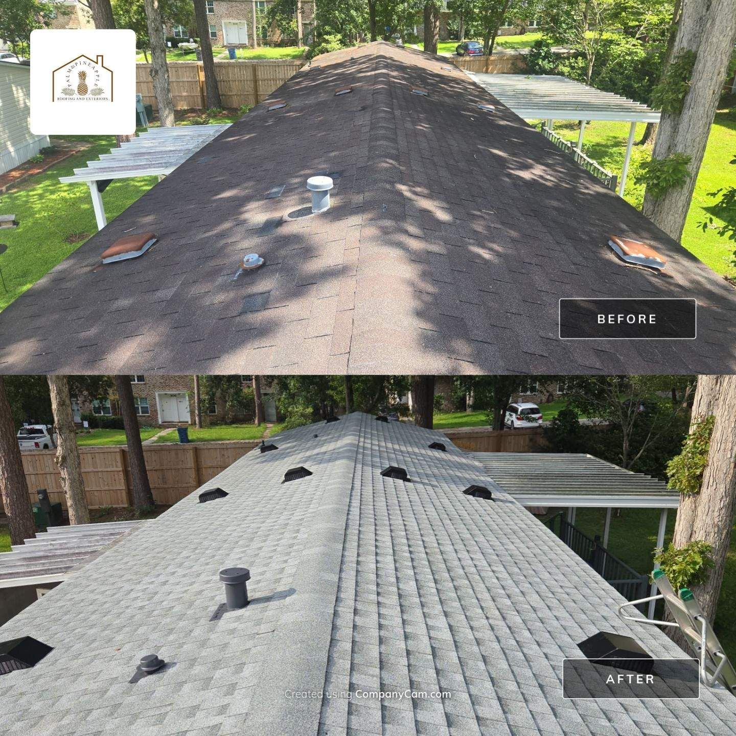 Comparison of a before and after roof replacement. The before roof is dark brown, the after roof is gray.