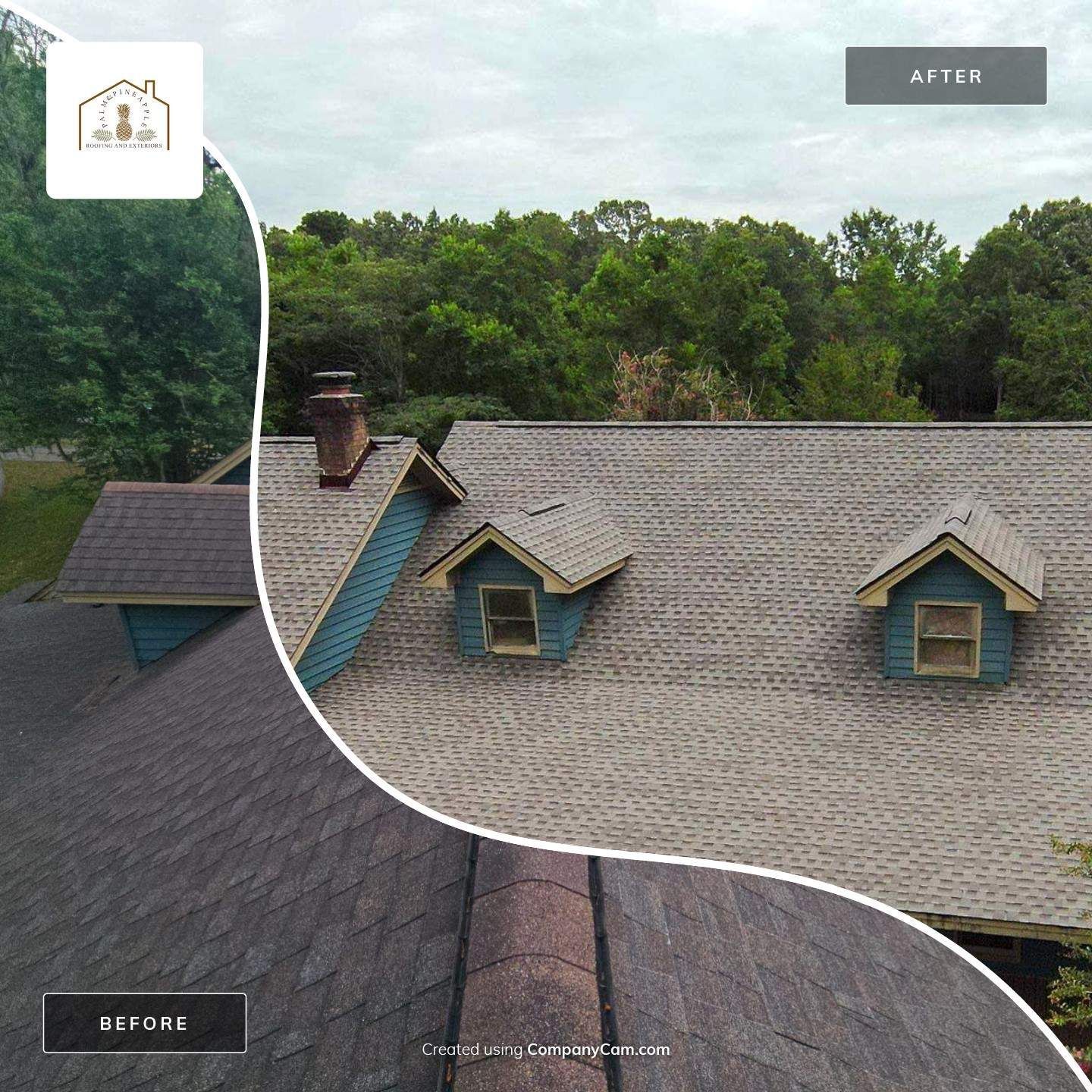 Split-screen showing before and after roof repair. Dark brown roof shingles replaced with lighter-colored shingles.