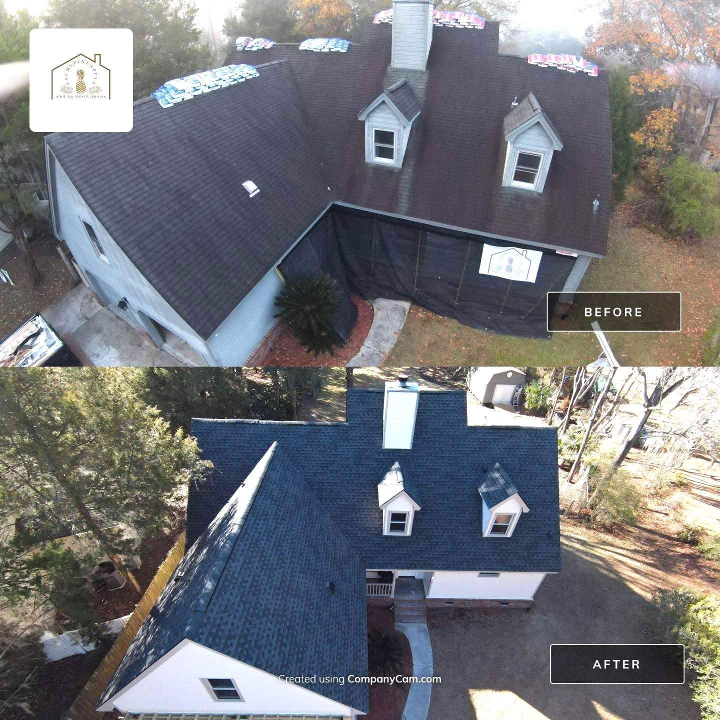 Roof replacement comparison: Before shows dark, damaged roof, after shows new blue-gray shingles on a residential home.