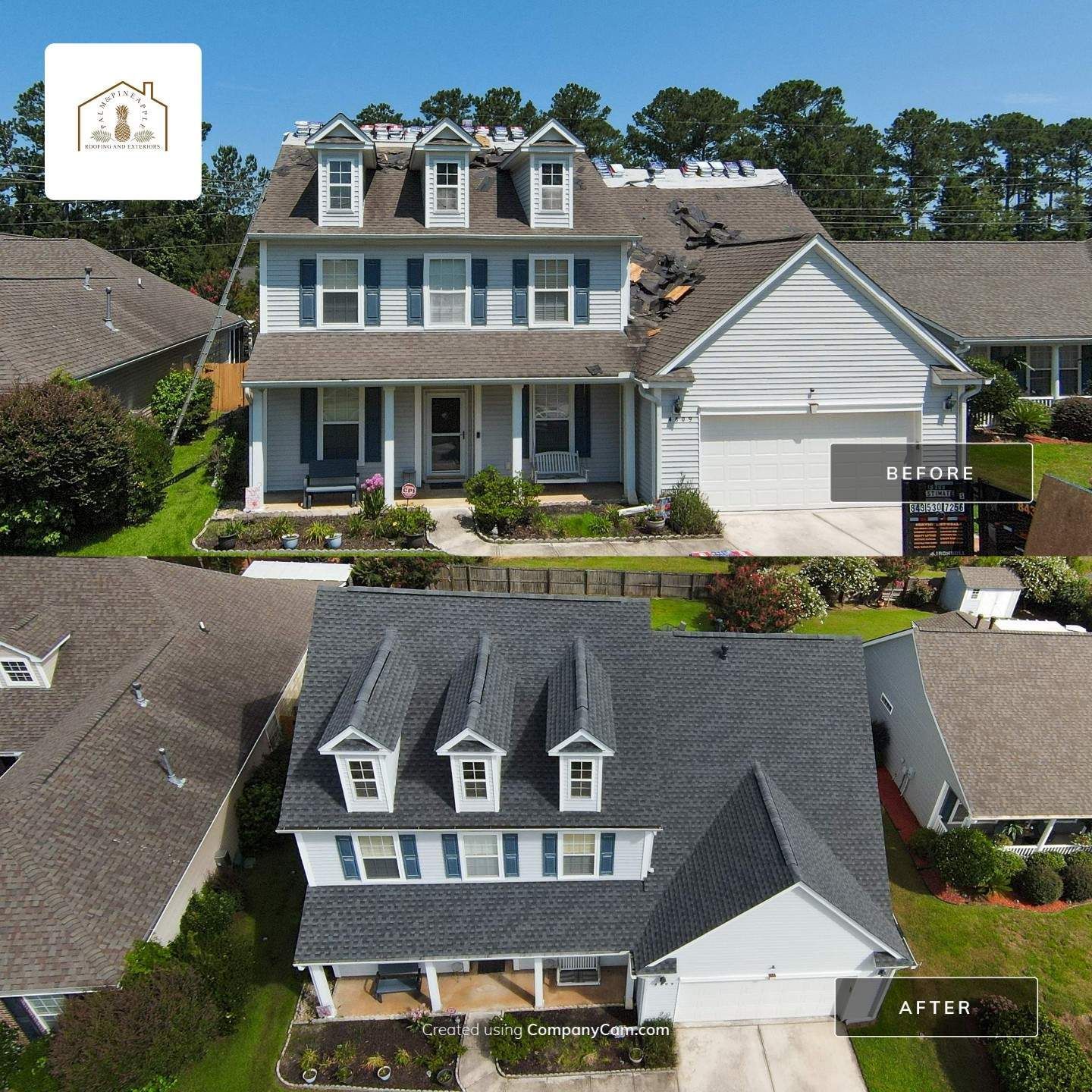 Before and after of a two-story house roof replacement. The new roof is dark gray.