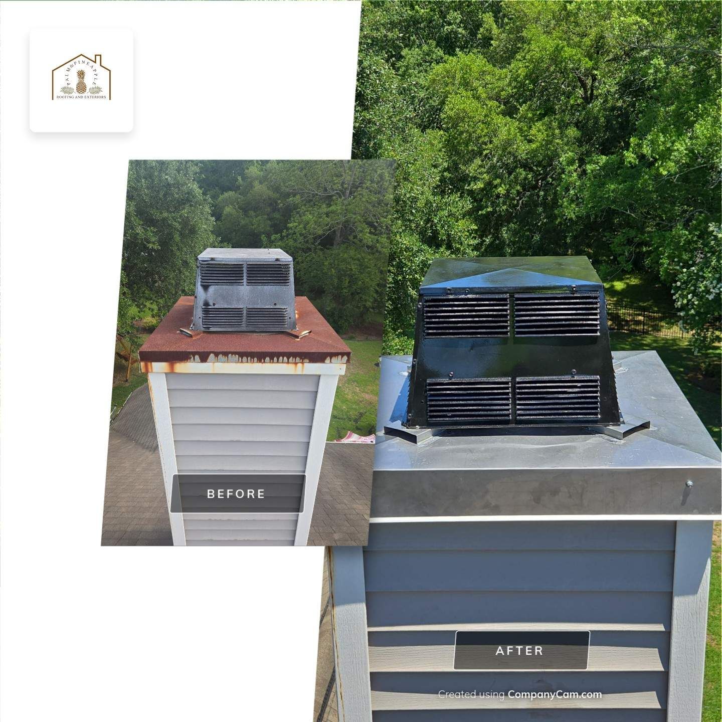 Before and after of a chimney. The chimney is repainted, and the cap is replaced with a black one.