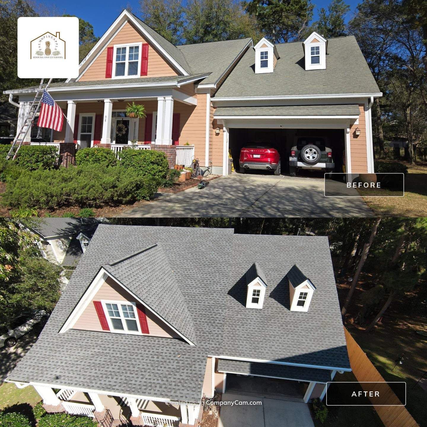 Before and after photos of a house with a new roof and paint job.
