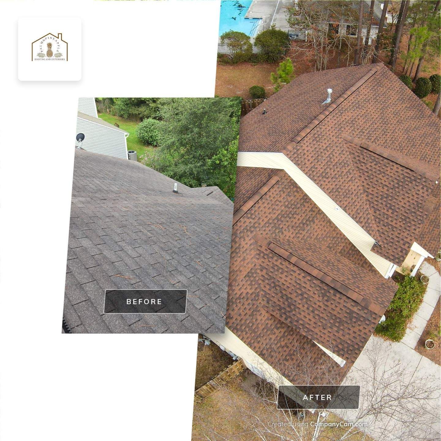 Before/after photo of a brown roof. Old roof is gray, new roof is dark brown with light trim.