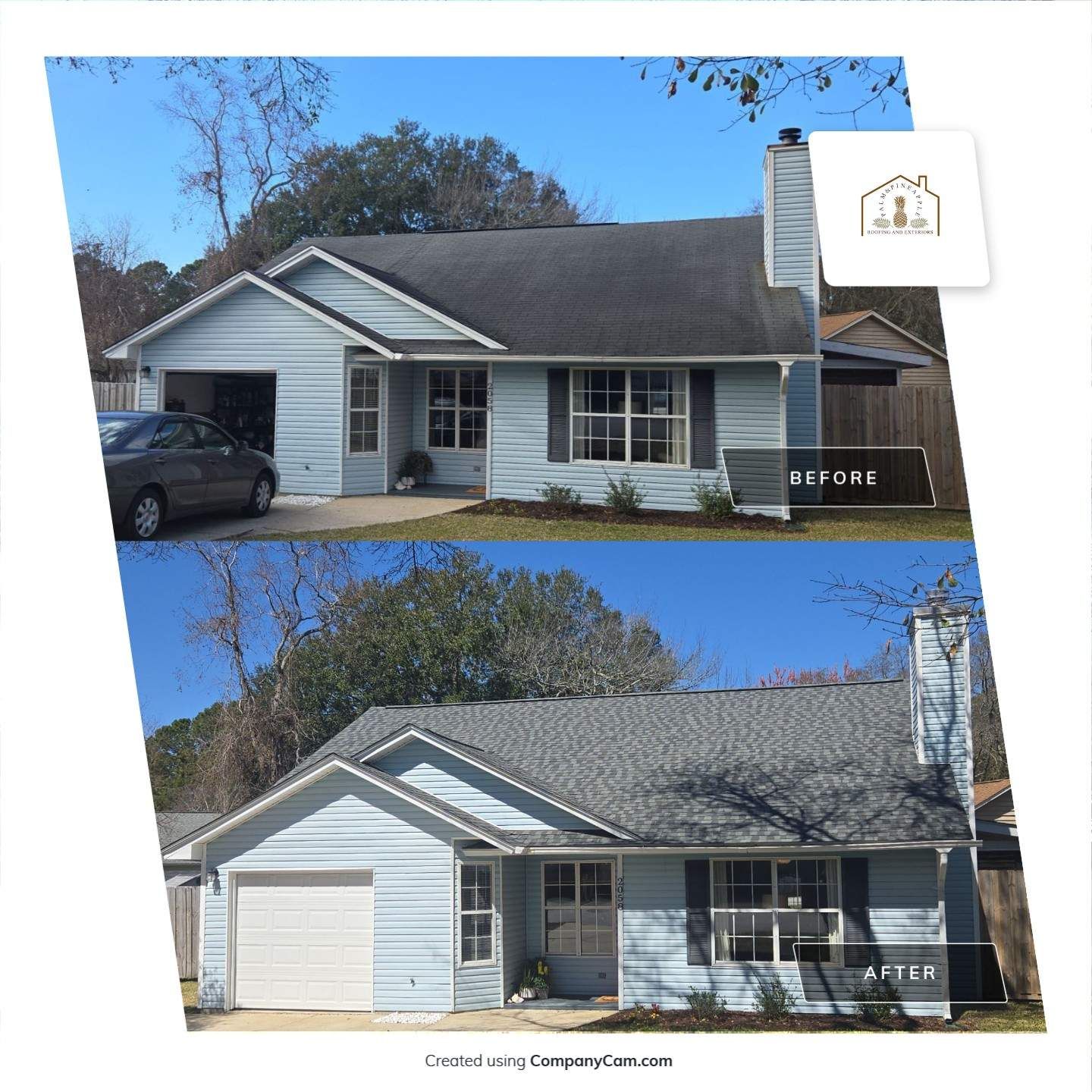 Side-by-side comparison of a house before and after a roof replacement. The “before” has a dark roof; “after” has a lighter, gray roof.
