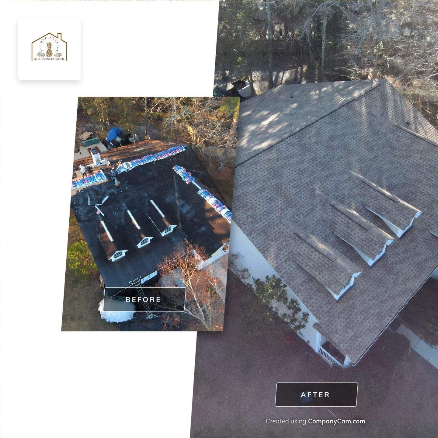 Comparison of a roof before and after repair. Showing workers on the roof.