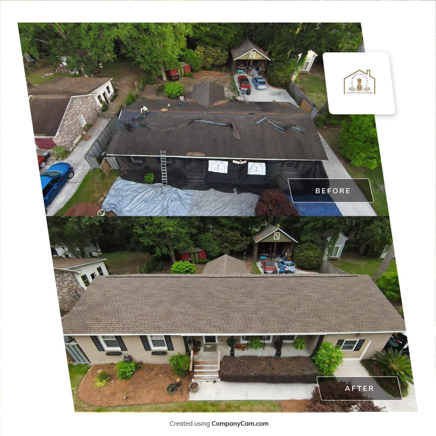 Before and after of a home's roof replacement. Top: damaged roof. Bottom: New brown roof.