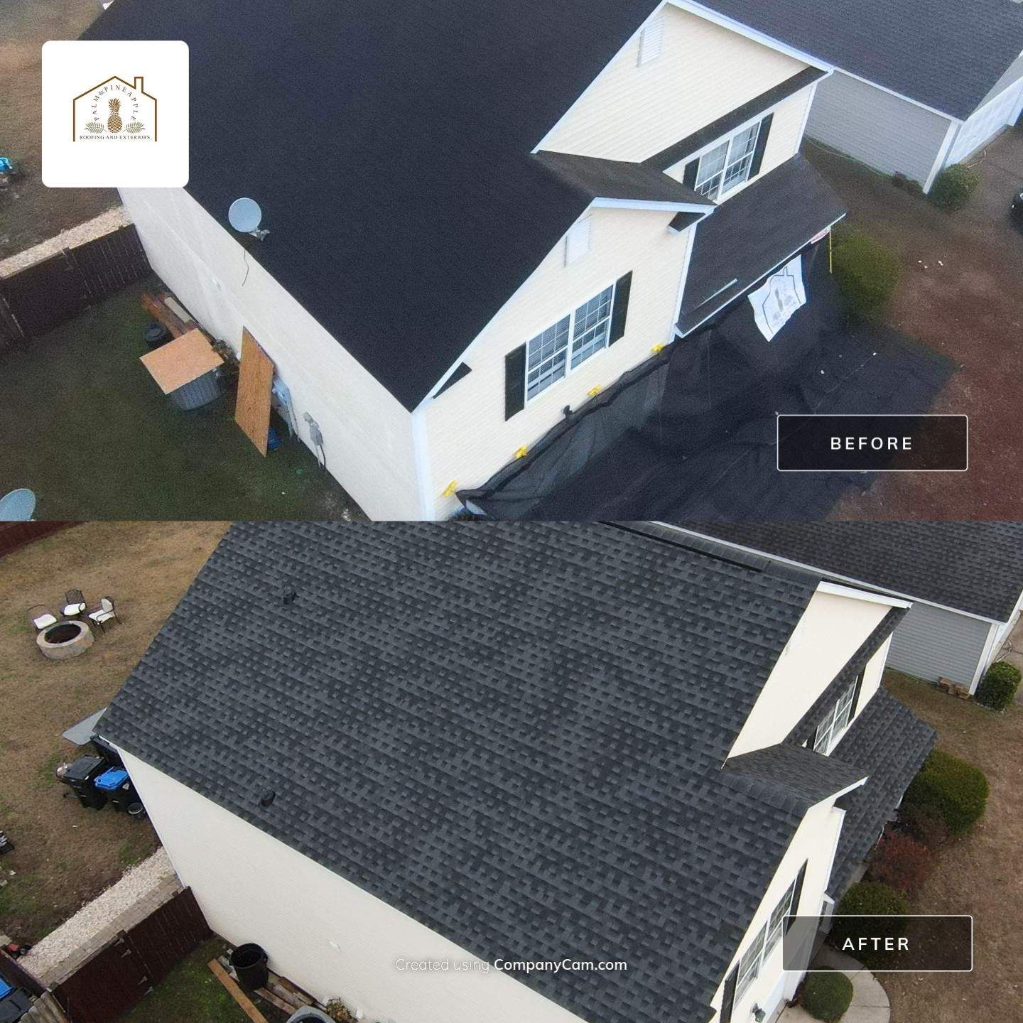 Comparison of house roof before and after replacement, showing black shingles.