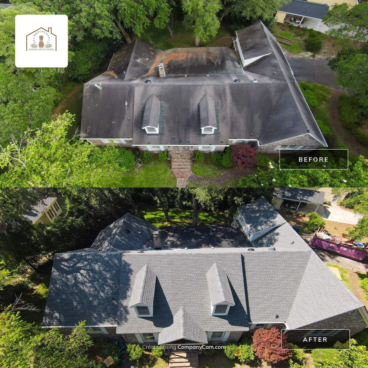 Comparison of a before and after roof cleaning. Dark, stained roof before, clean gray roof after.
