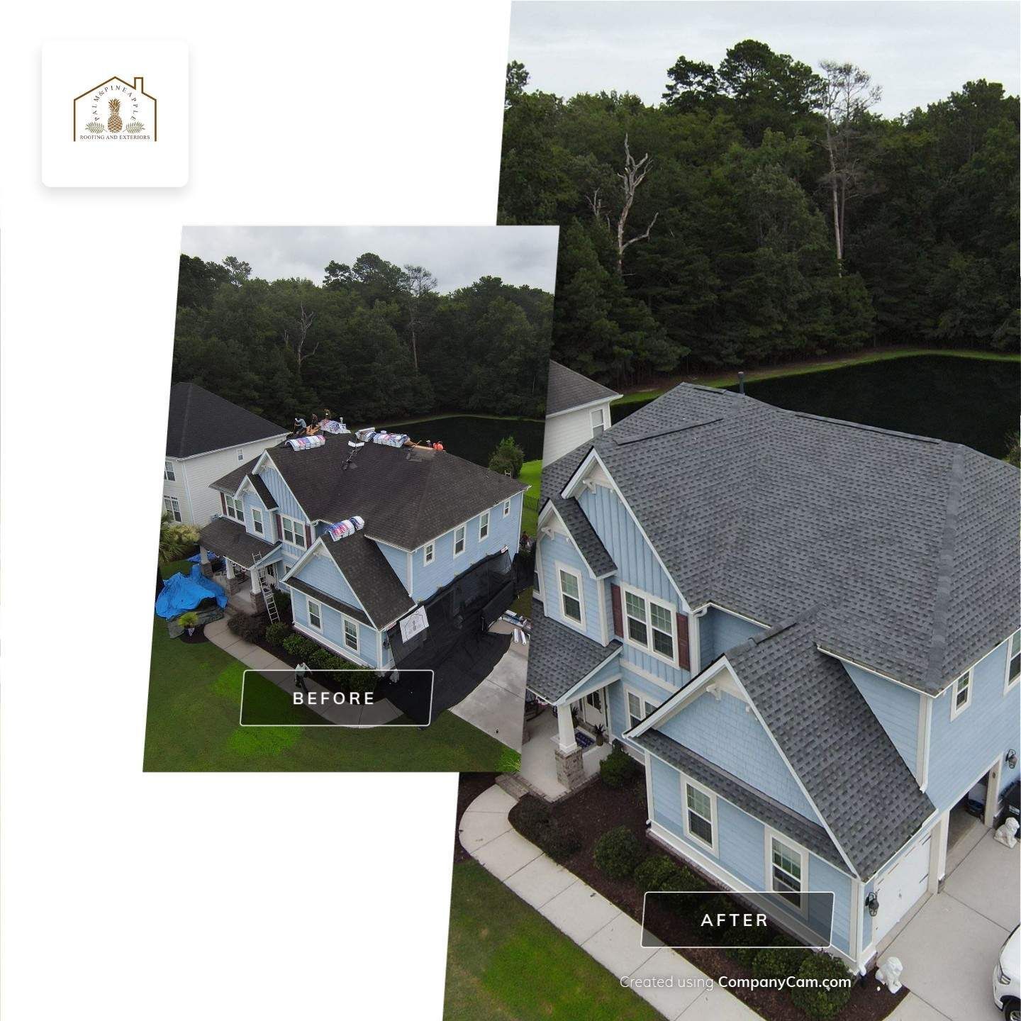 Before and after of a house roof, after showing newly installed dark gray shingles.