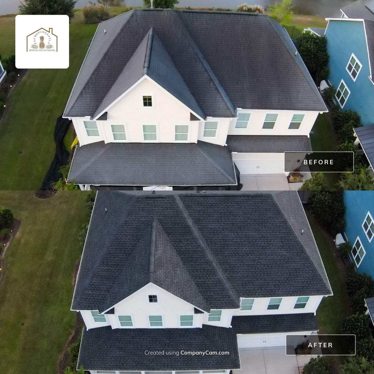 Before and after comparison of a two-story house with a newly installed dark gray roof.